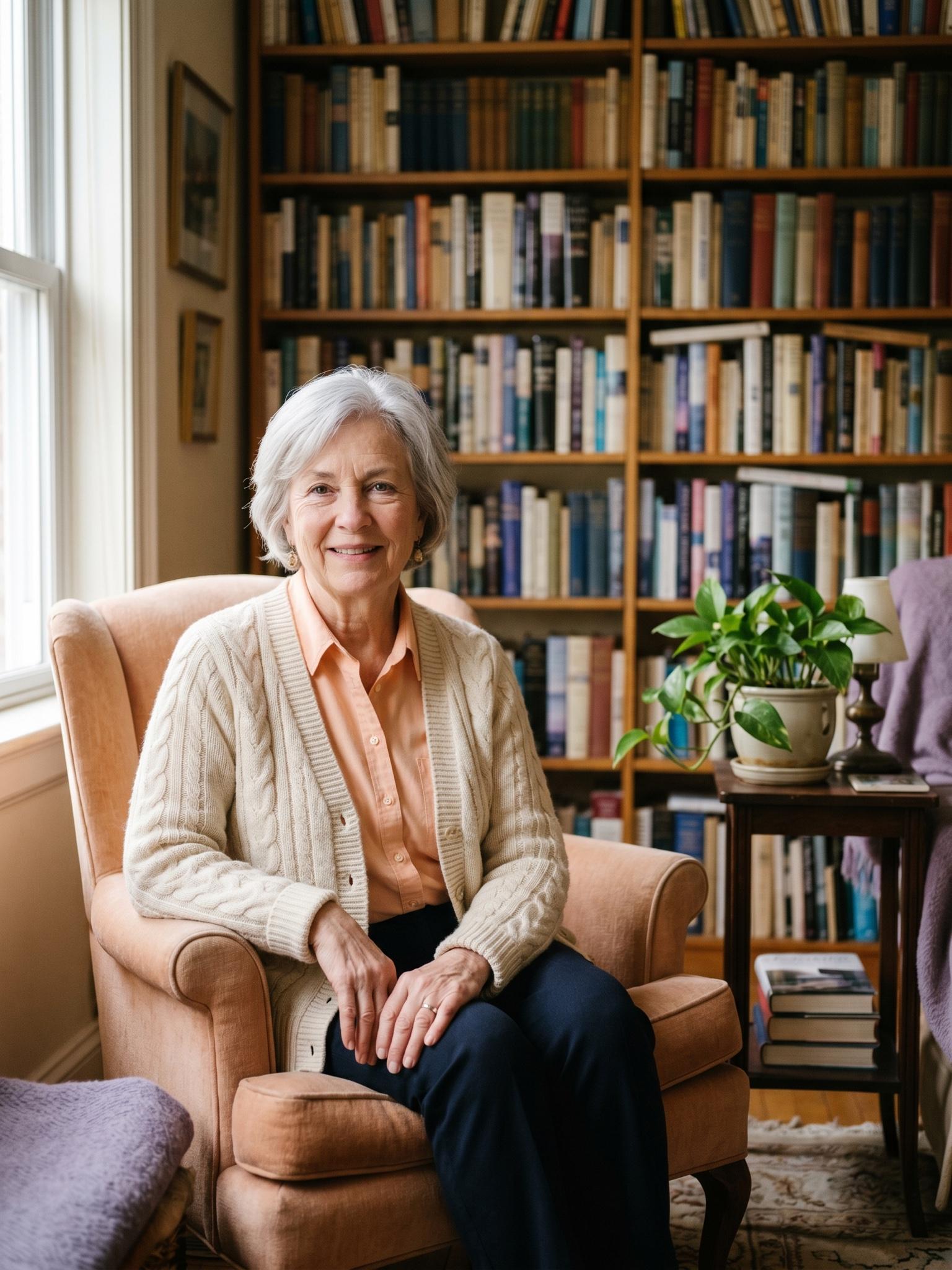 A woman in her early seventies in a warm Pittsburgh living room with shelves of books behind her.